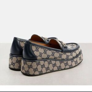 Gucci Women's Beige Horsebit Platform Loafers GG Canvas Slip On